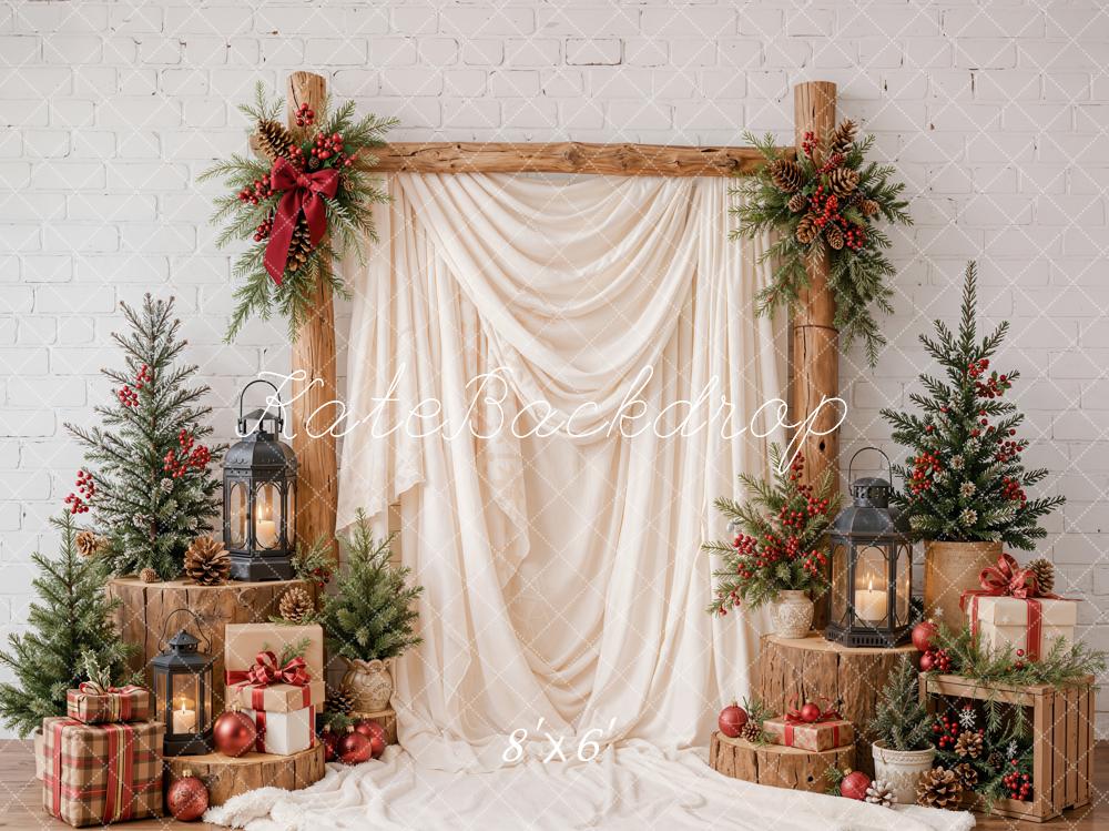 Kate Christmas Wood Arch Pine Trees White Drapes Lanterns Presents Printed Backdrop Designed by Emetselch