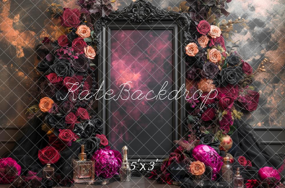Kate Halloween Glam Frame Dark Floral Perfume Bottles Backdrop Designed by Mini MakeBelieve