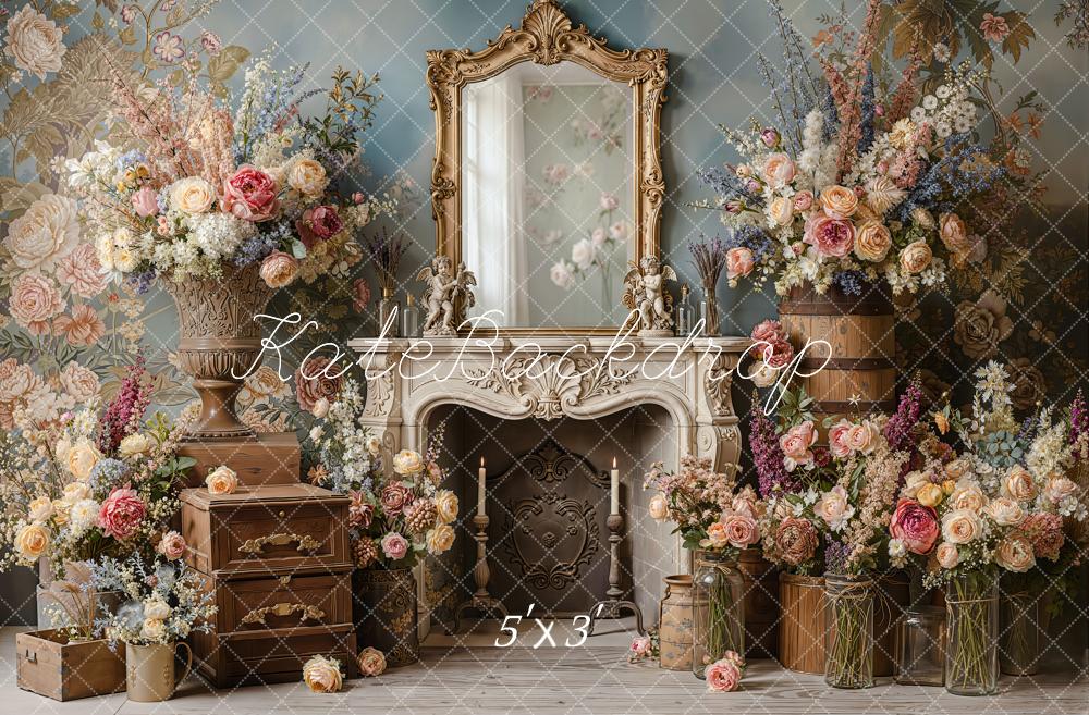 Kate Vintage Floral Mirror Fireplace Printed Backdrop Designed by Emetselch