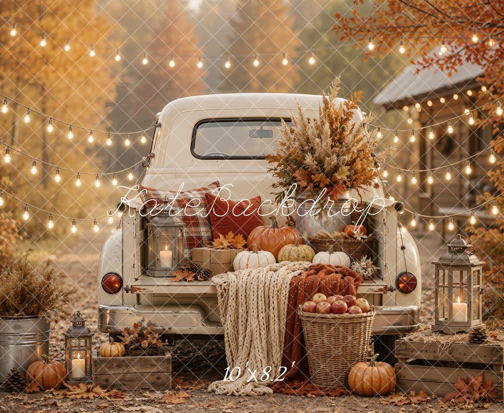 Kate Fall Vintage Truck Pumpkin Cozy Floral String Lights Printed Backdrop Designed by Emetselch