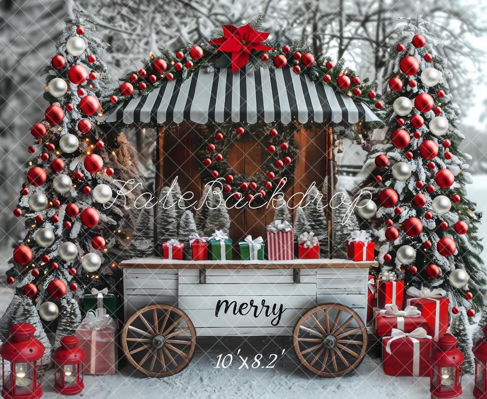 Carrito de Regalo de Chocolate Caliente de Navidad Fondo de Bosque de Árboles Nevados Designed by Mini MakeBelieve