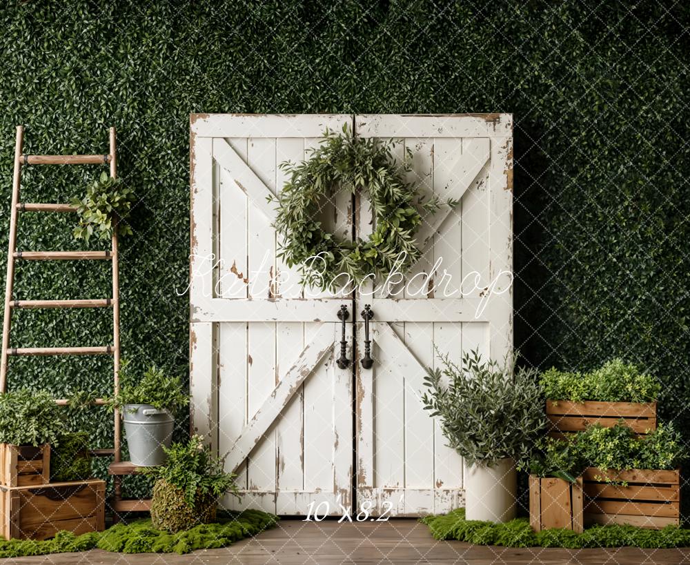 Kate Spring Greenery White Barn Door Wreath Ladder Crates Backdrop Designed by Emetselch