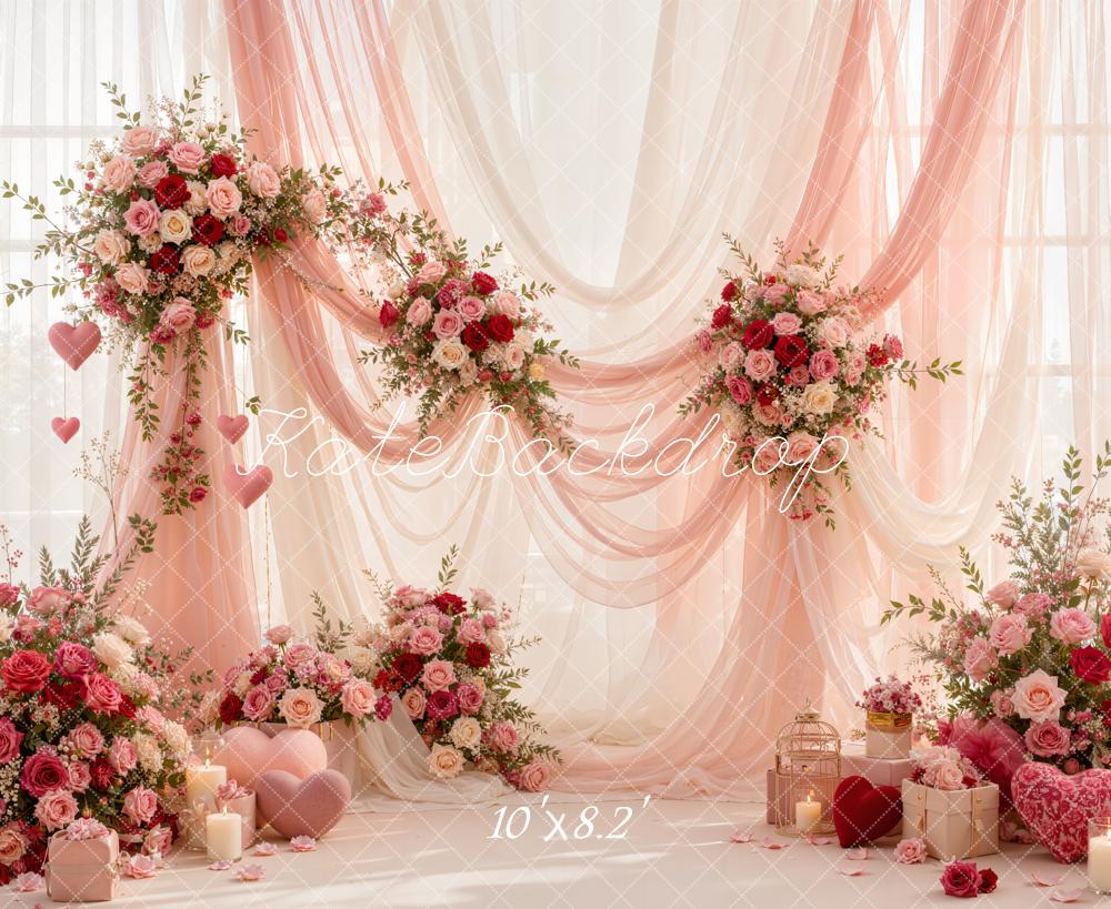 Kate Valentine's Day Pink Sheer Rose Floral Drapery Printed Backdrop Designed by Emetselch