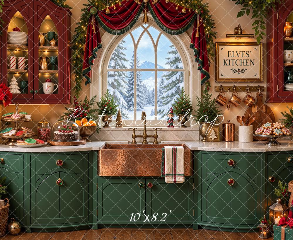 Kate Christmas Kitchen North Pole Elf Arched Window Garland Green Printed Backdrop Designed by Shutter Swan Studios