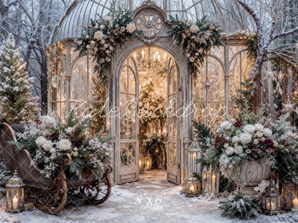 Kate Christmas Snowy Glass Greenhouse Floral Sleigh Printed Backdrop Designed by Jordan Moon