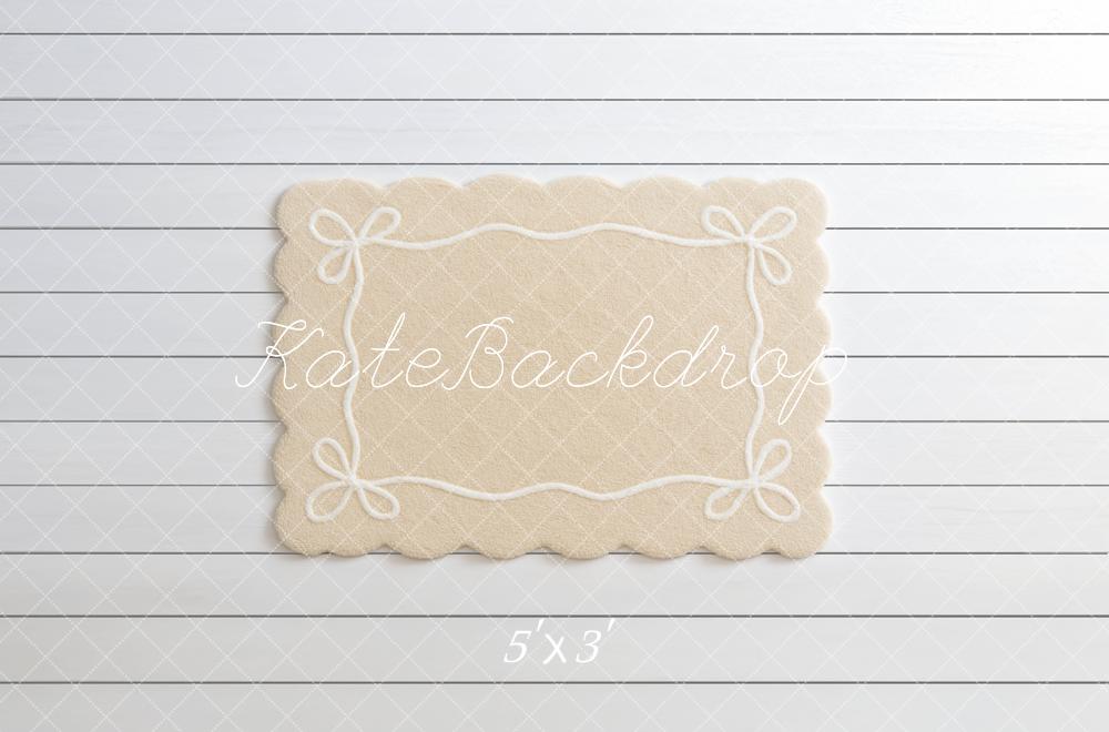 Kate Beige Rug with White Bows on White Shiplap Floor Backdrop Designed by Mini MakeBelieve