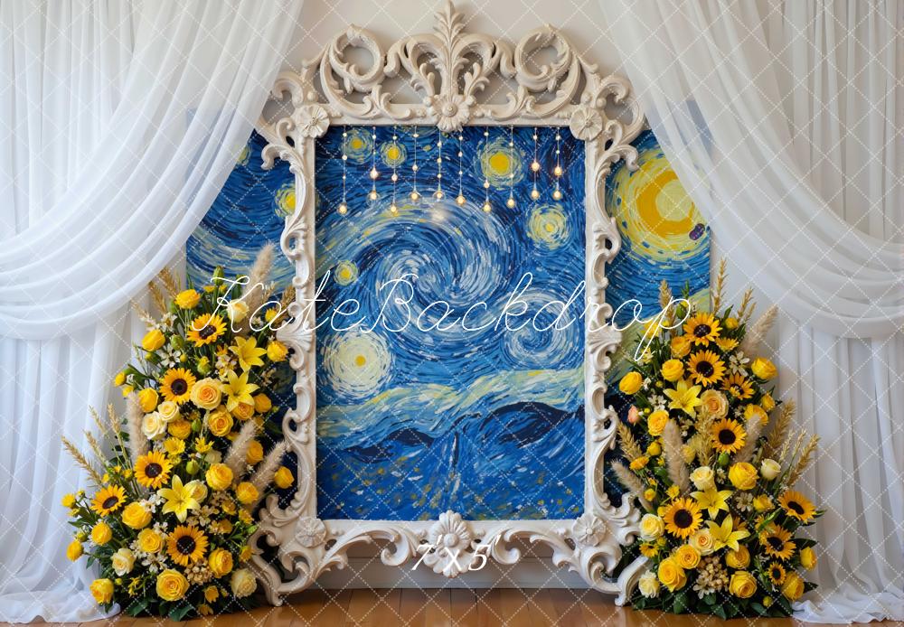 Kate Blue Night Sky Ornate Frame Sunflower Floral Arrangement Backdrop Designed by Mini MakeBelieve