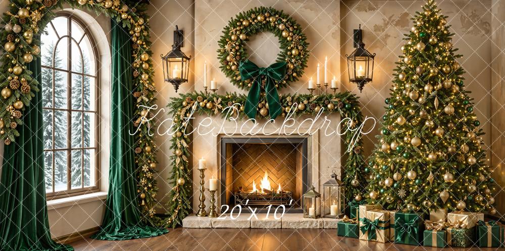Kate Christmas Tree Fireplace Wreath Garland Gifts Green Curtains Printed Backdrop Designed by Emetselch