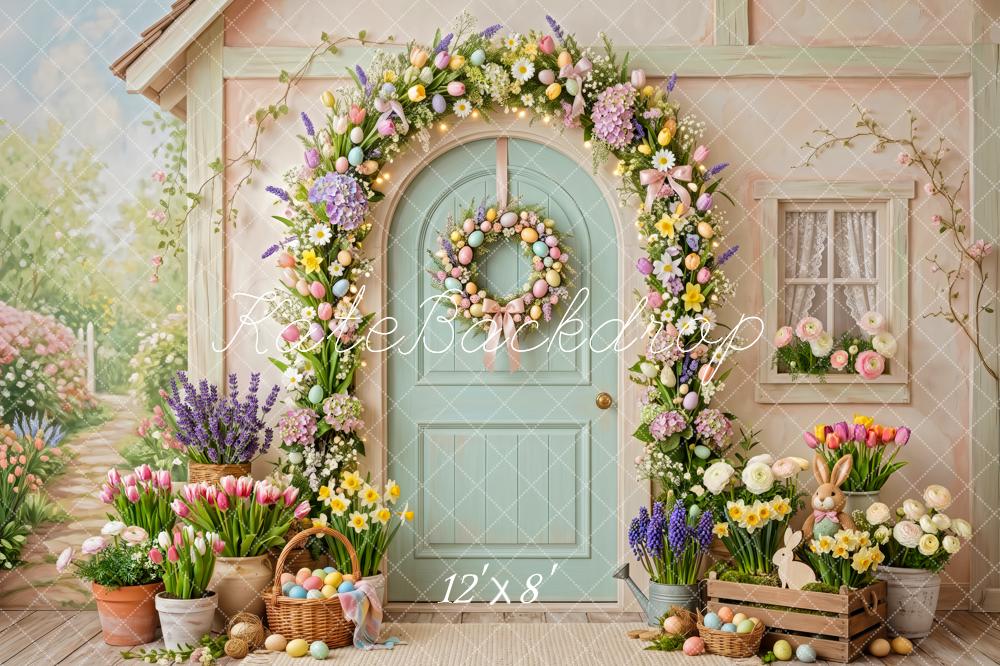 Kate Easter Bunny Flower Arch Tulips Pastel Doorway Printed Backdrop Designed by Patty Roberts