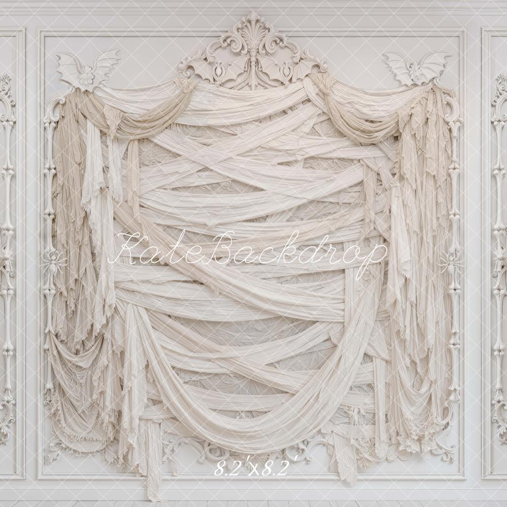 Kate Halloween Mummy Wall White Drapes Printed Backdrop Designed by Mini MakeBelieve
