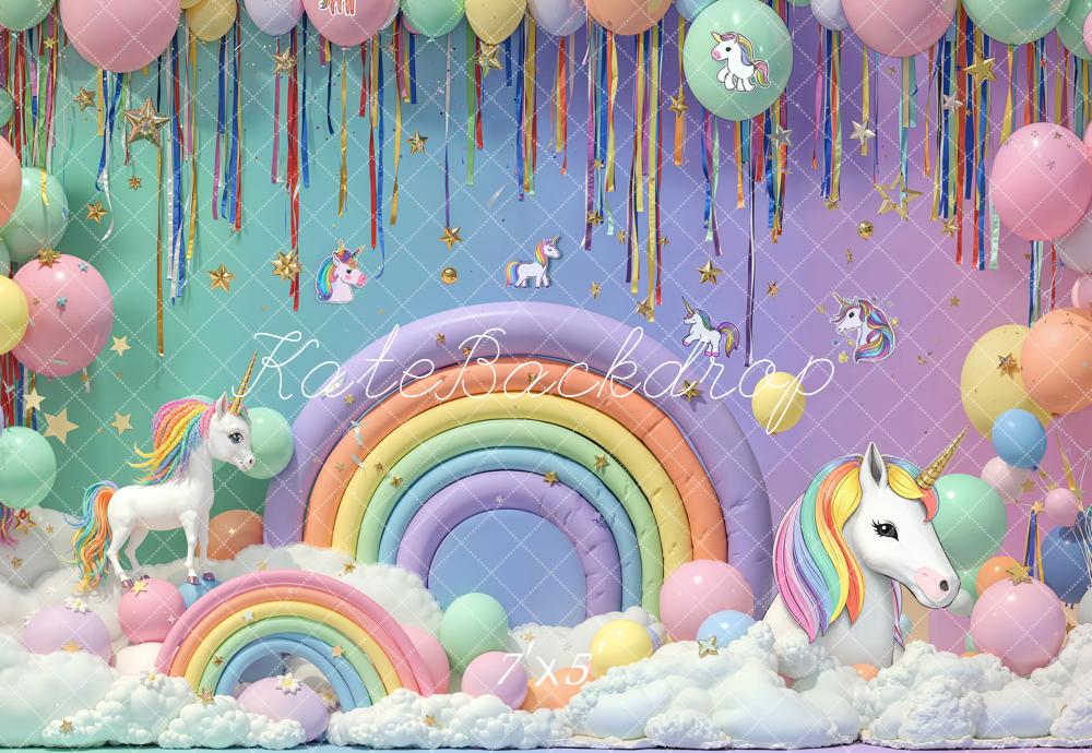 Kate Cake Smash Unicorn Rainbow Clouds Balloons Backdrop Designed by Emetselch
