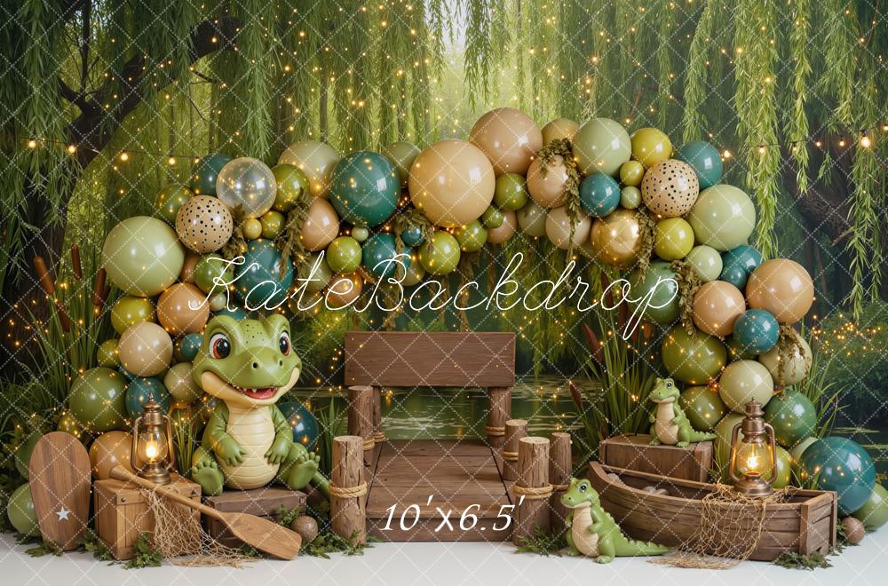 Kate Cake Smash Jungle Gator Dock Balloon Arch Printed Backdrop Designed by Mini MakeBelieve