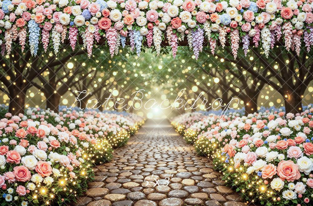 Kate Spring Flower Arch Cobblestone Pathway Bokeh Printed Backdrop Designed by Mini MakeBelieve