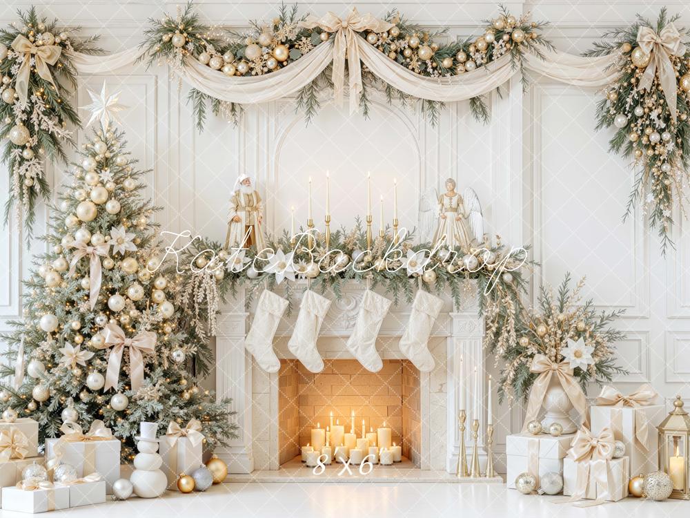 Kate Christmas White Gold Tree Mantel Fireplace Garland Printed Backdrop Designed by Mini MakeBelieve