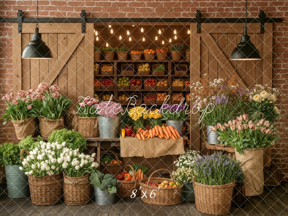 Kate Flower Market Fruits Vegetables Rustic Barn Brick Wall Printed Backdrop Designed by Emetselch
