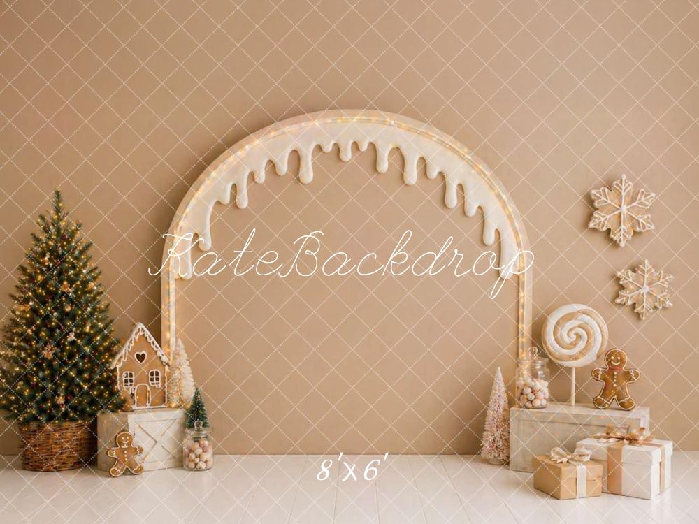 Kate Christmas Headboard Gingerbread Arch Candy Tree Beige Printed Backdrop Designed by Caitlin Lynch