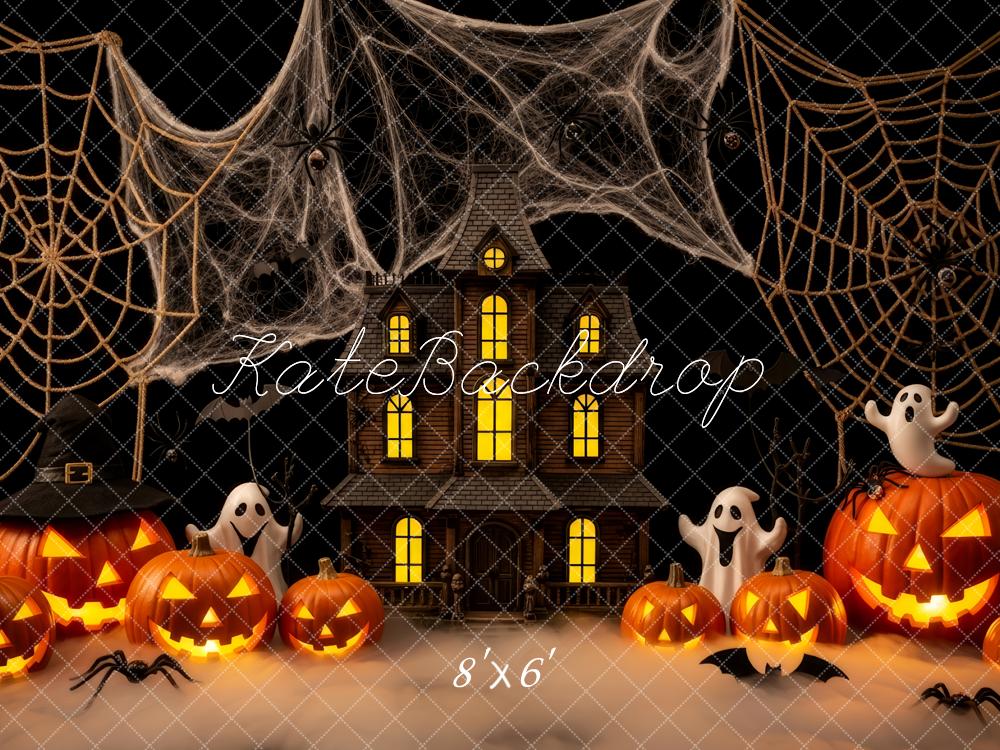 Kate Halloween Haunted House Pumpkins Ghosts Spider Webs Backdrop Designed by Patty Roberts