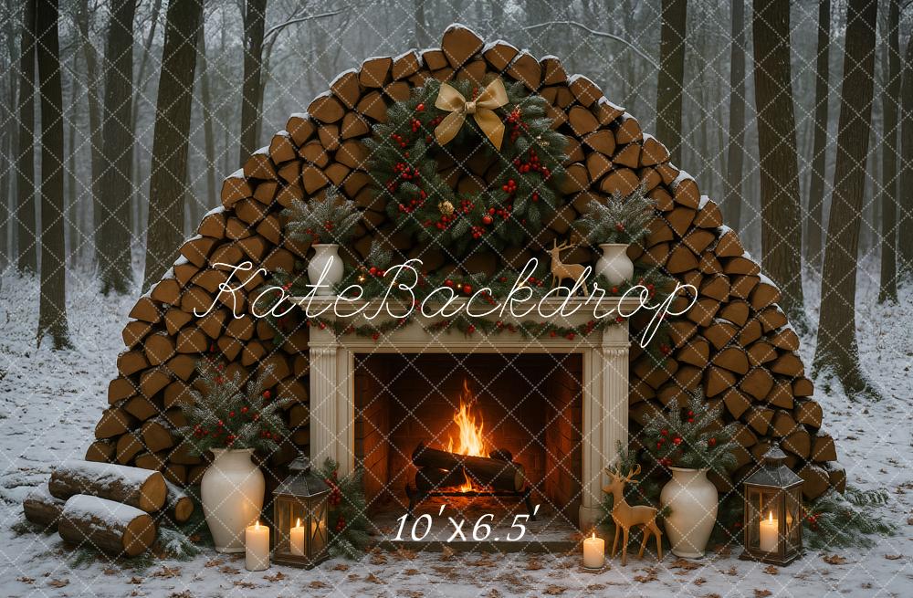 Fondo de chimenea al aire libre de invierno en el bosque diseñado por Ashley Paul