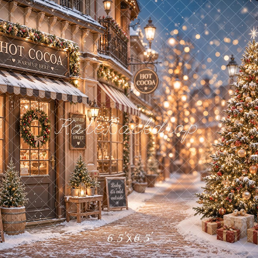 Kate Christmas Hot Cocoa Shop Snowy Street Christmas Tree Printed Backdrop Designed by Emetselch