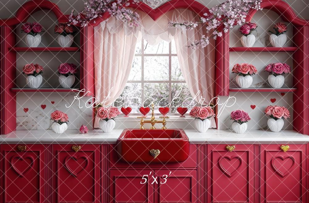 Kate Valentine's Red Heart Kitchen Roses Backdrop Designed by Mini MakeBelieve
