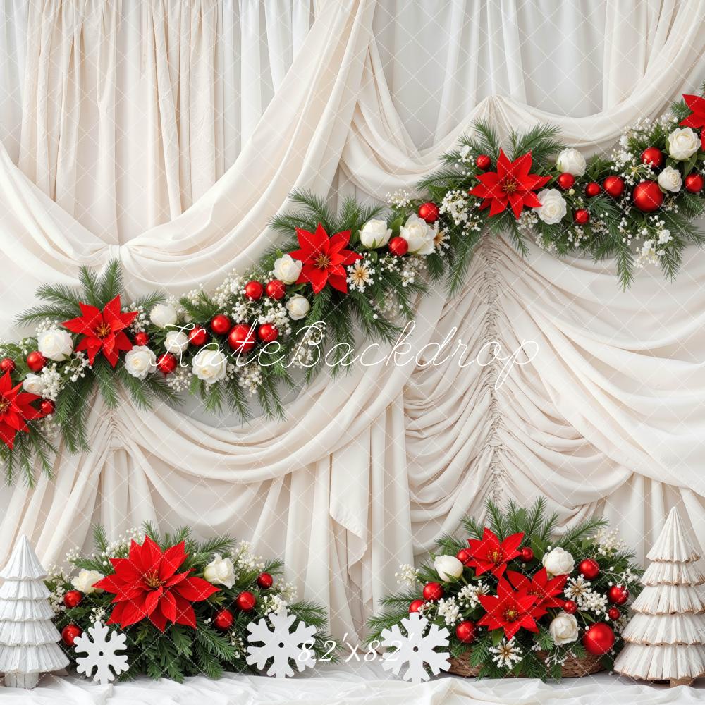 Kate Christmas Red Poinsettia Garland Cream Drapes Printed Backdrop Designed by Mini MakeBelieve