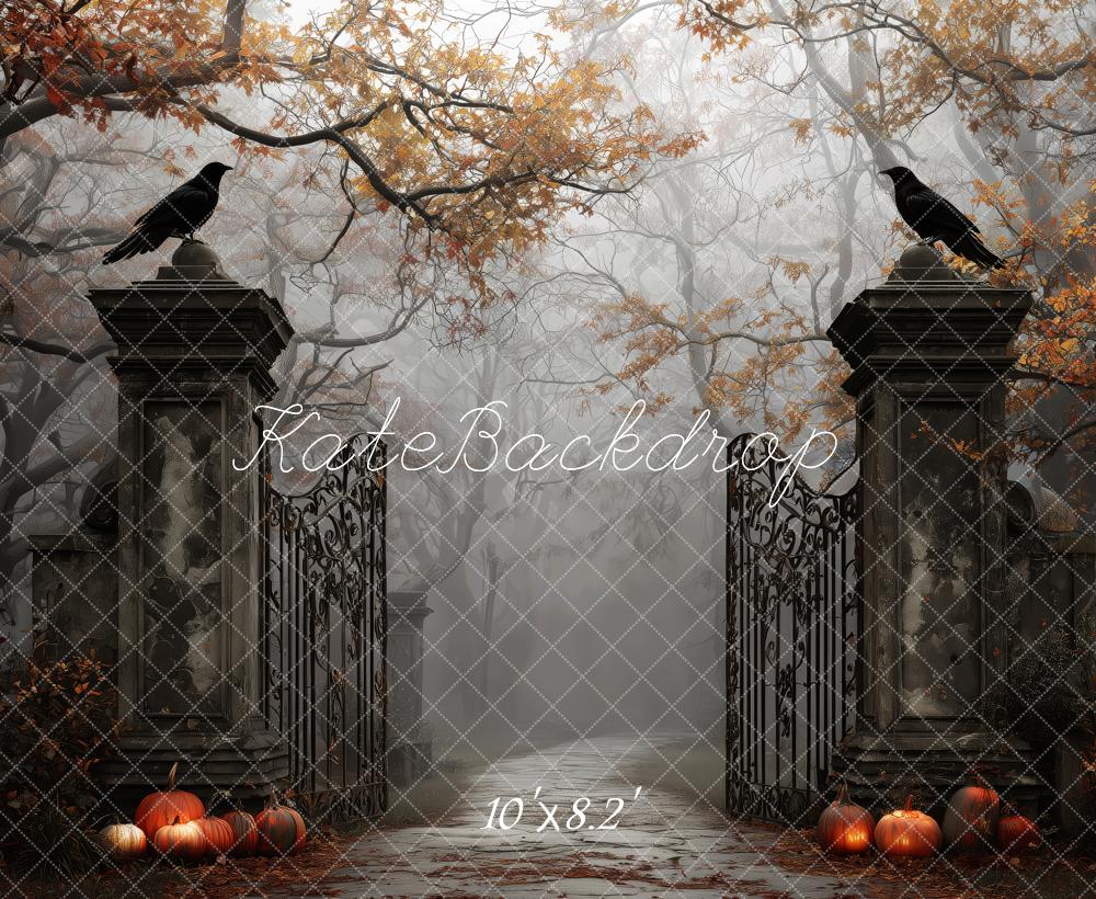 Kate Halloween Fall Iron Gate Pumpkins Misty Forest Backdrop Designed by Patty Roberts
