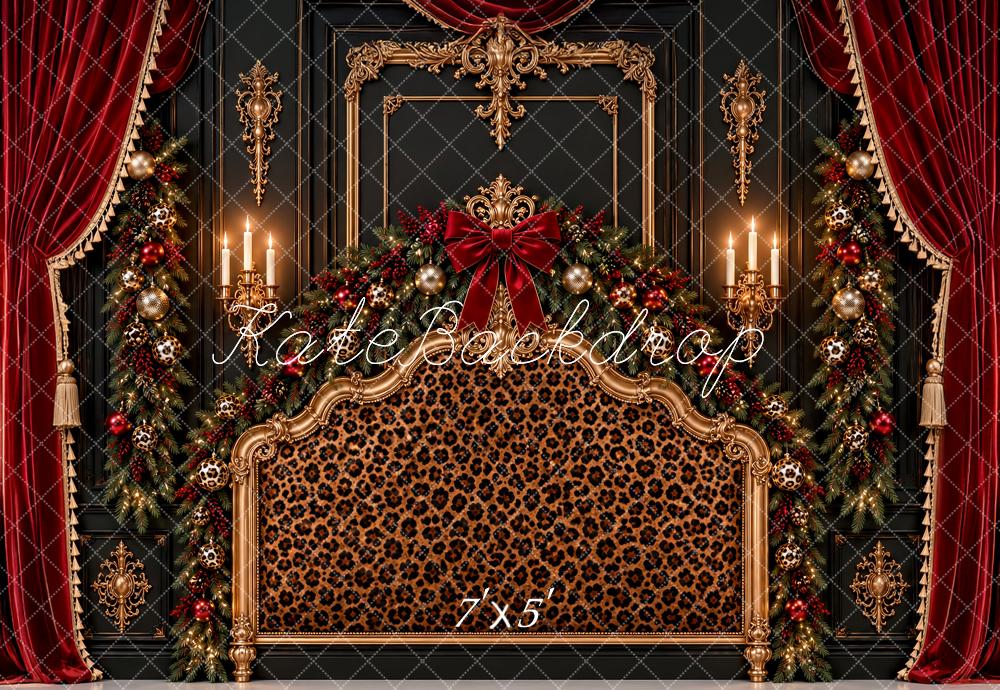 Kate Christmas Leopard Print Headboard Red Curtain Ornate Frame Printed Backdrop Designed by Ashley Paul