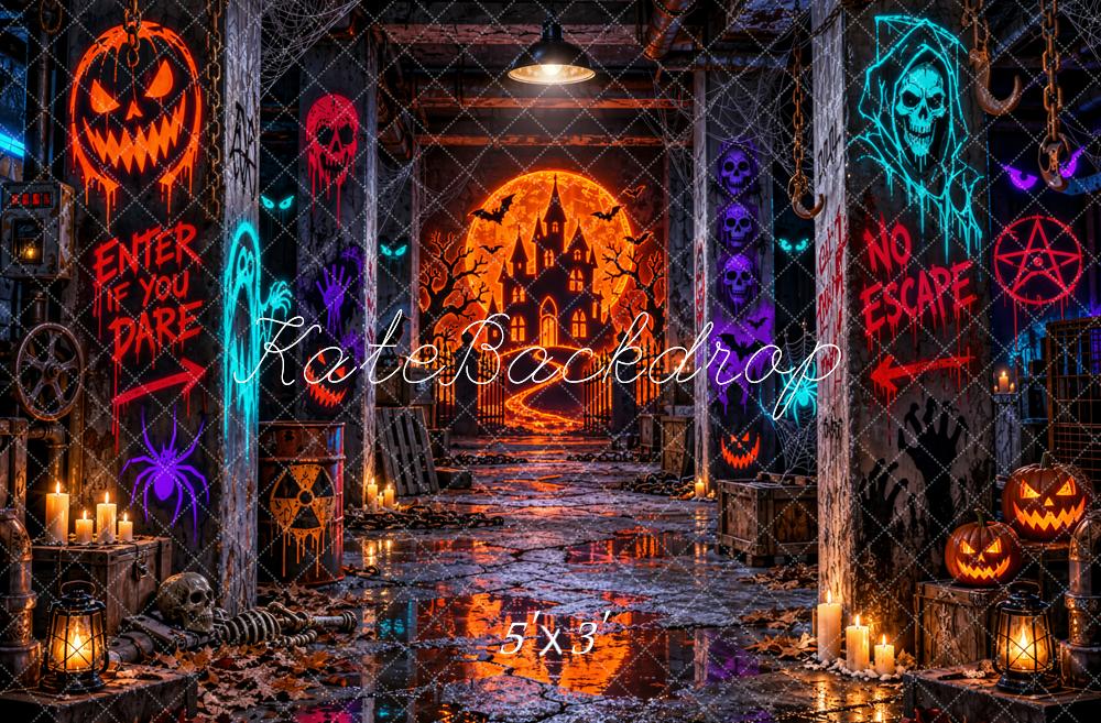 Kate Halloween Haunted Castle Hallway Pumpkins Printed Backdrop Designed by Emetselch