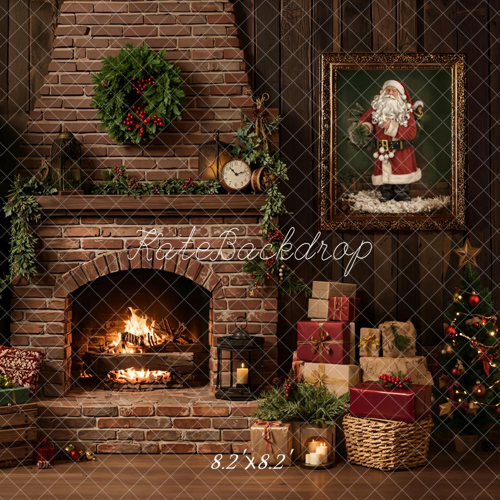 Kate Christmas Fireplace Tree Gifts Brick Wall Santa Printed Backdrop Designed by Emetselch