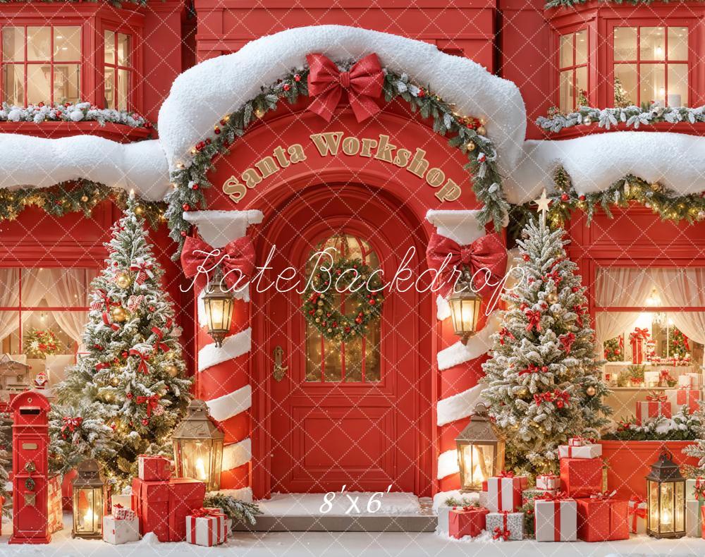 Kate Christmas Santa Workshop Red Snowy Trees Presents Backdrop Designed by Emetselch