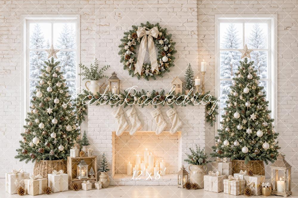 Kate Christmas Trees White Brick Fireplace Wreath Printed Backdrop Designed by Emetselch
