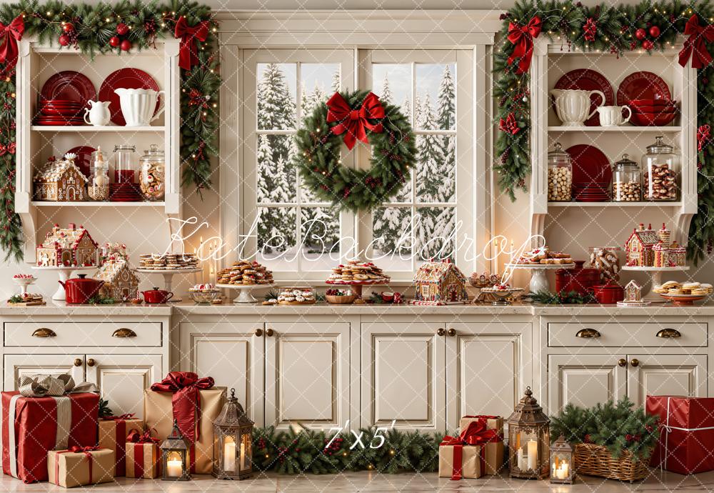 Kate Christmas Kitchen Gingerbread Garland Wreath Gifts Printed Backdrop Designed by Emetselch