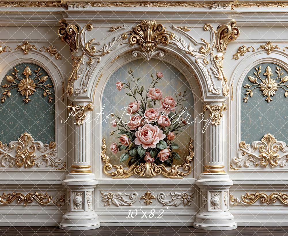 Kate Spring Vintage Baroque Ornate Columns Floral Wall Printed Backdrop Designed by Mini MakeBelieve