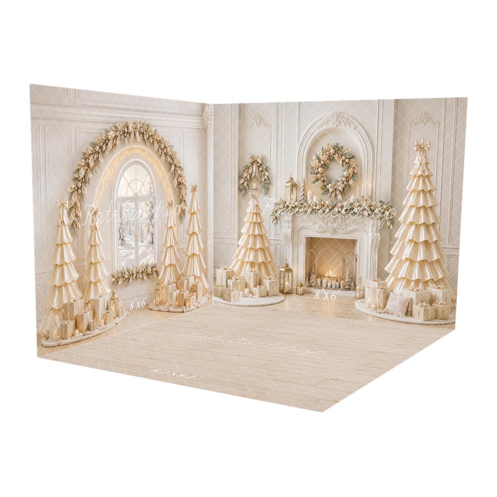 Kate Christmas Fireplace Wreath Ivory Satin Trees Arch Printed Backdrop Room Set
