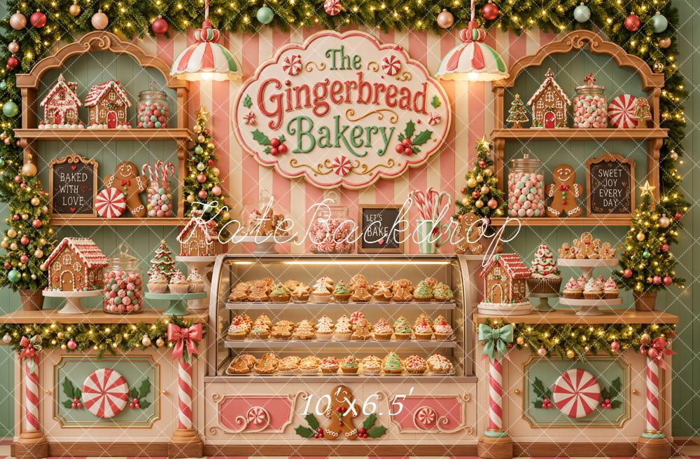 Kate Christmas Gingerbread Bakery Shop Candy Display Striped Wall Printed Backdrop Designed by Emetselch