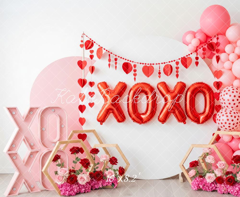 Kate Valentine's Day XOXO Balloons Hearts Pink Flowers Backdrop Designed by Patty Roberts