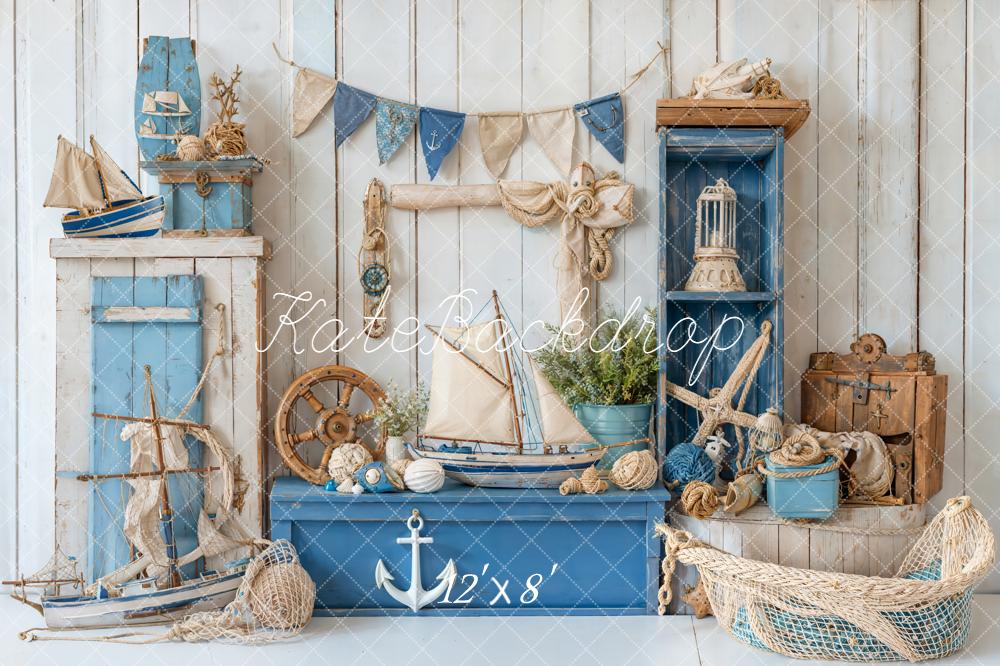 Kate Nautical Blue Sailboat Starfish Anchor Decor Backdrop Designed by Emetselch