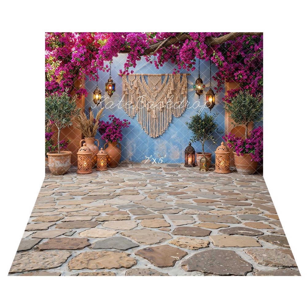Kate Boho Macrame Pink Flower Arch Lanterns Terracotta Pots Blue Wall Backdrop+Cobblestone Floor Backdrop