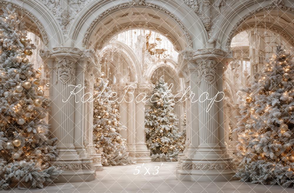 Kate Christmas White Palace Archway Snowy Trees Backdrop Designed by Ashley Paul
