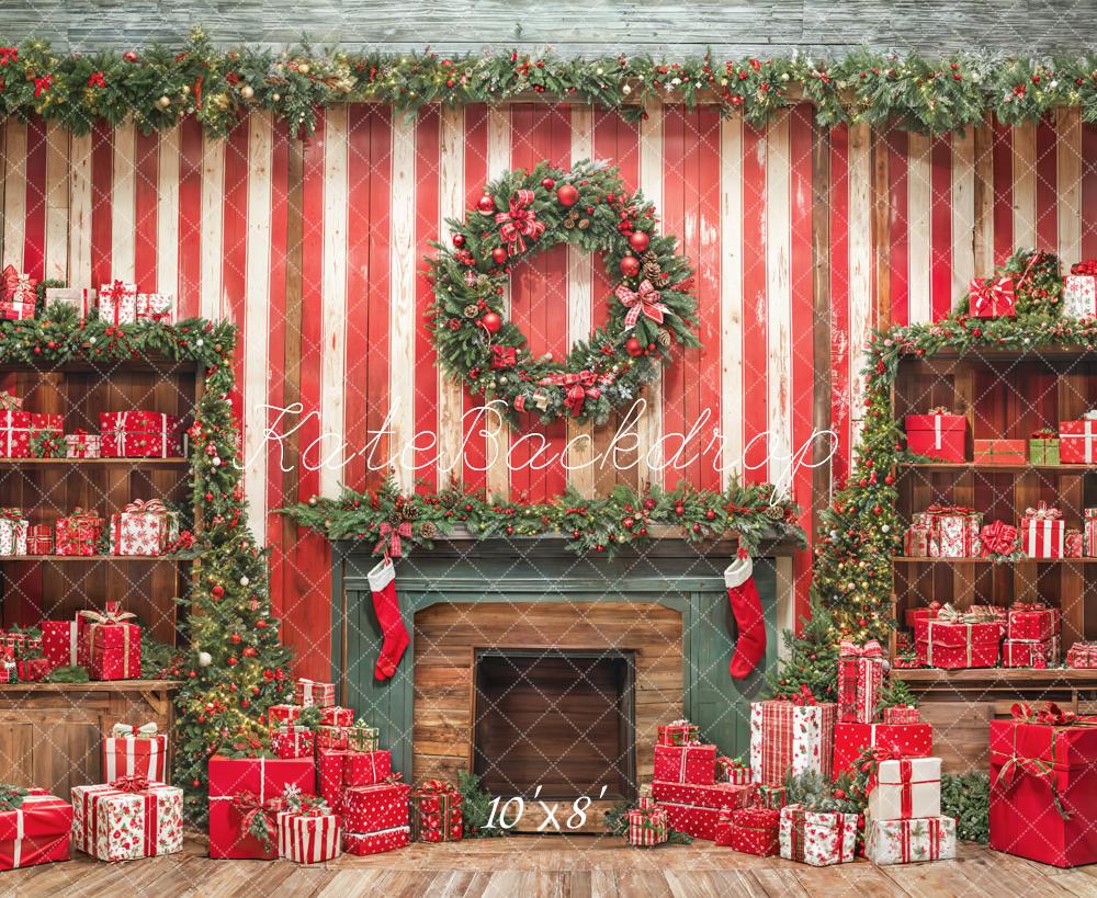 Kate Christmas Fireplace Red Wooden Wall Gifts Backdrop Designed by Emetselch