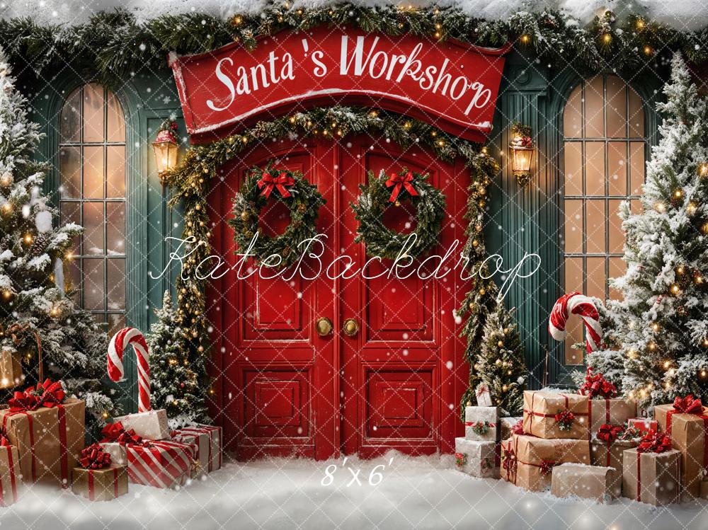 Kate Christmas Santa's Workshop Red Door Snow Backdrop Designed by Emetselch