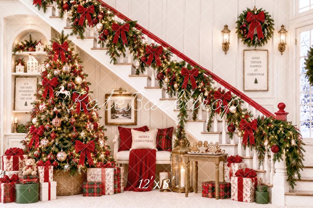 Kate Christmas Staircase Tree Garland Wreath Gifts Printed Backdrop Designed by Patty Roberts