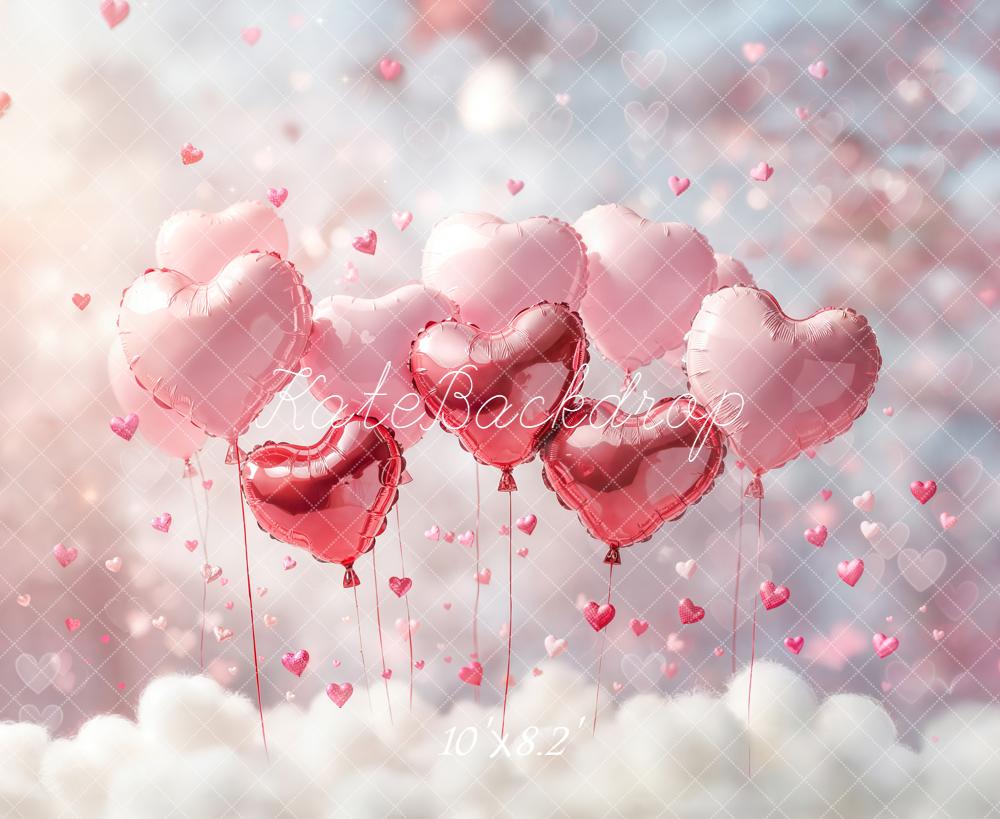 Kate Valentines Pink Heart Balloons Clouds Printed Backdrop Designed by Emetselch