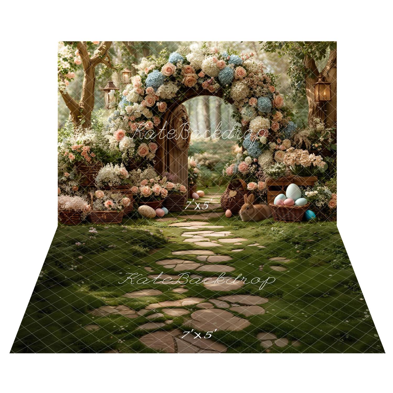 Kate Easter Bunny Flower Arch Pastel Eggs Forest Printed Backdrop+Stone Pathway Mossy Green Garden Floor Printed Backdrop