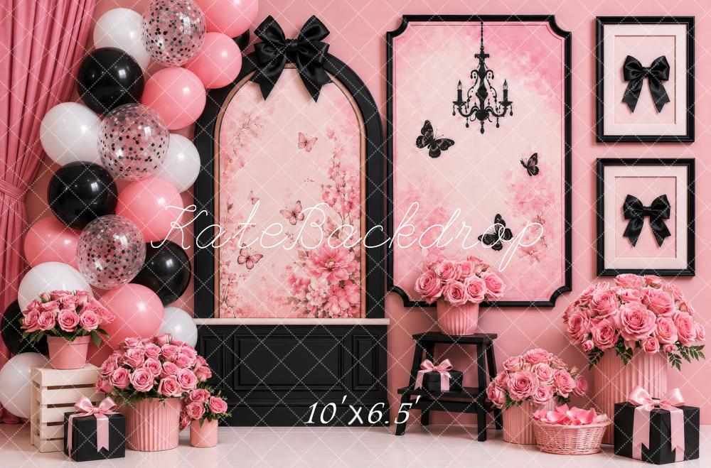 Kate Cake Smash Pink Glam Floral Boutique Balloons Bows Black Frames Printed Backdrop Designed by Shutter Swan Studios