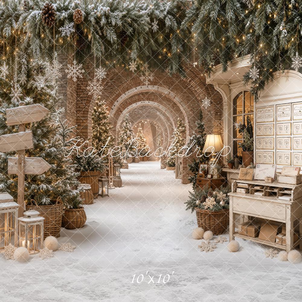 Kate Christmas Snowy Archway Pine Trees Snowflake Lanterns Printed Backdrop Designed by Emetselch