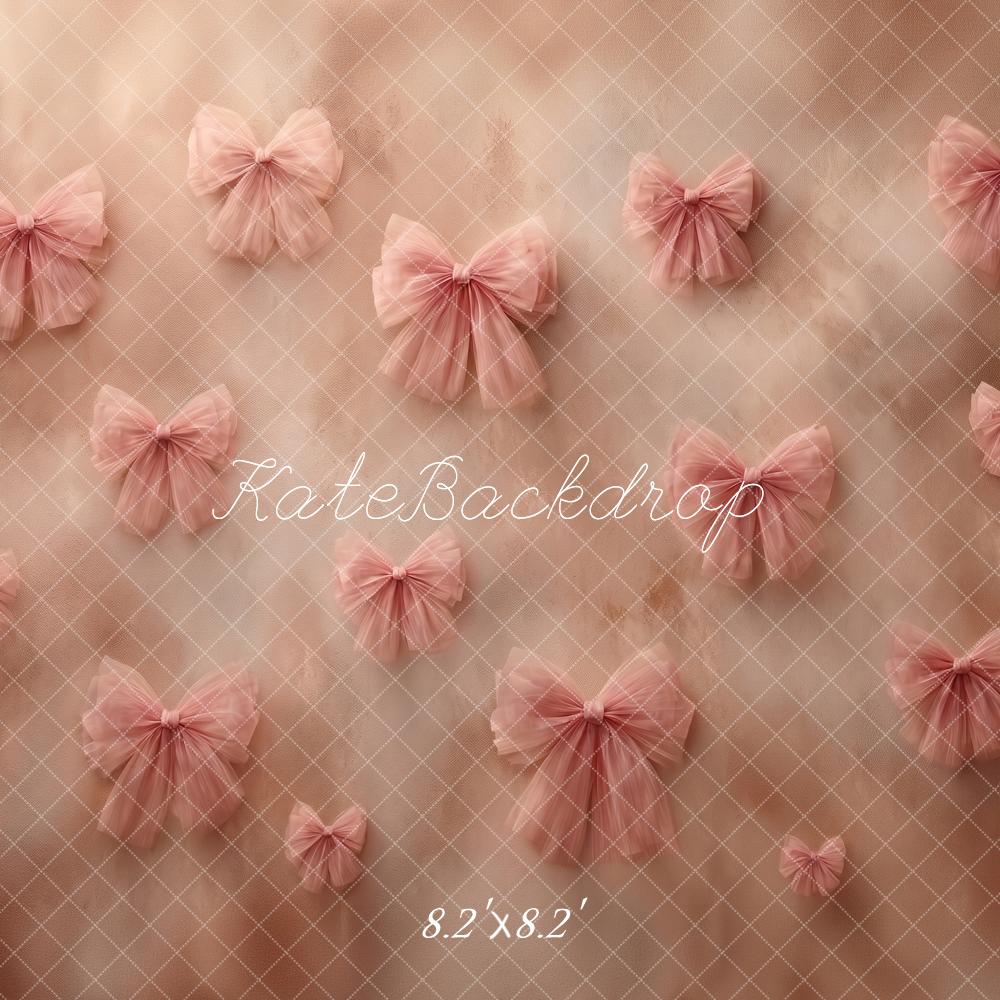 Kate Romantic Soft Pink Bow Tulle Beige Wall Printed Backdrop Printed Backdrop Designed by Angela Miller