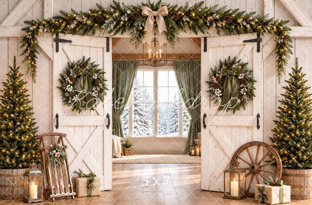 Kate Christmas Farmhouse White Barn Doors Wreaths Trees Printed Backdrop Designed by Emetselch