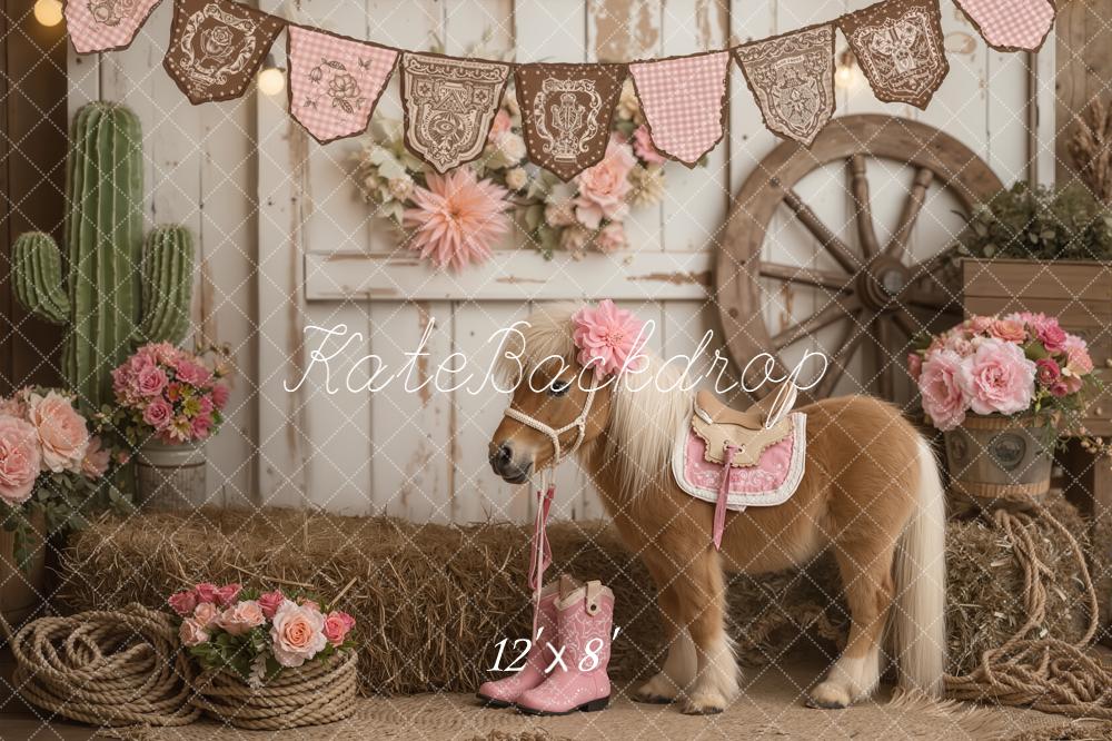 Kate Western Pony Pink Flowers Cactus Wagon Wheel Hay Bales Printed Backdrop Designed by Emetselch