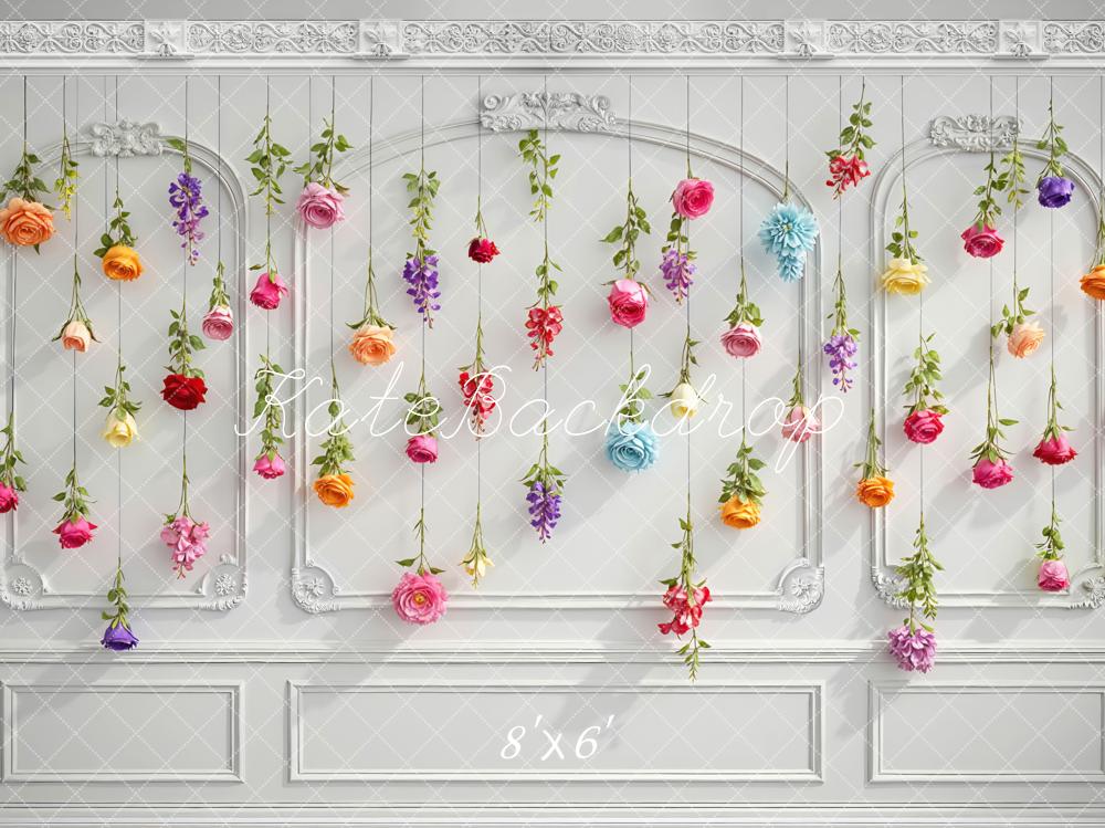 Kate Spring Hanging Flowers White Retro Wall Backdrop Designed by Mini MakeBelieve